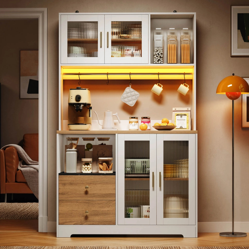 Credenza cucina 110x40x178 cm con LED e prese; vetri temperati; MDF naturale e bianco