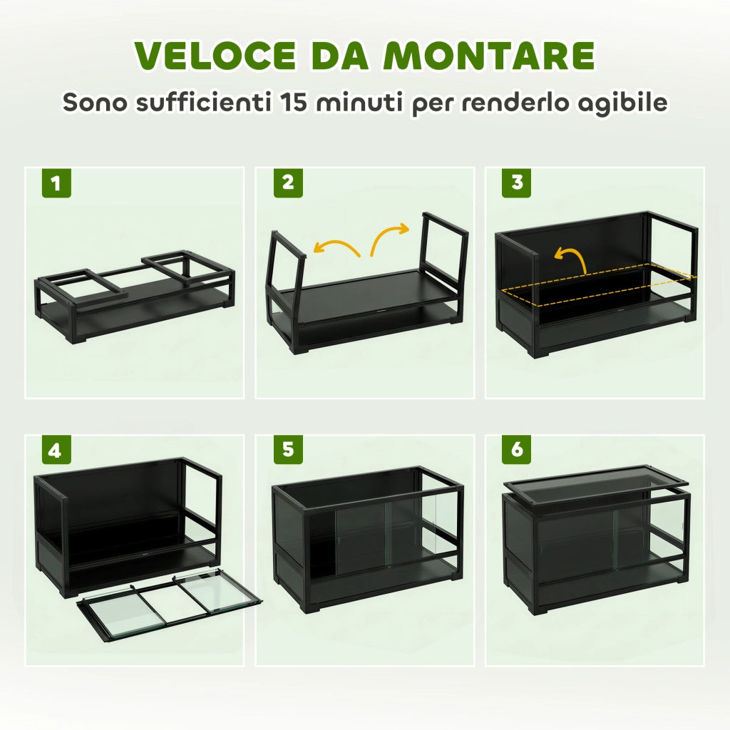 Rettilario Rialzato e Pieghevole 60x45x32 cm con Coperchio e Pareti in Vetro Temperato e Plastica Nero