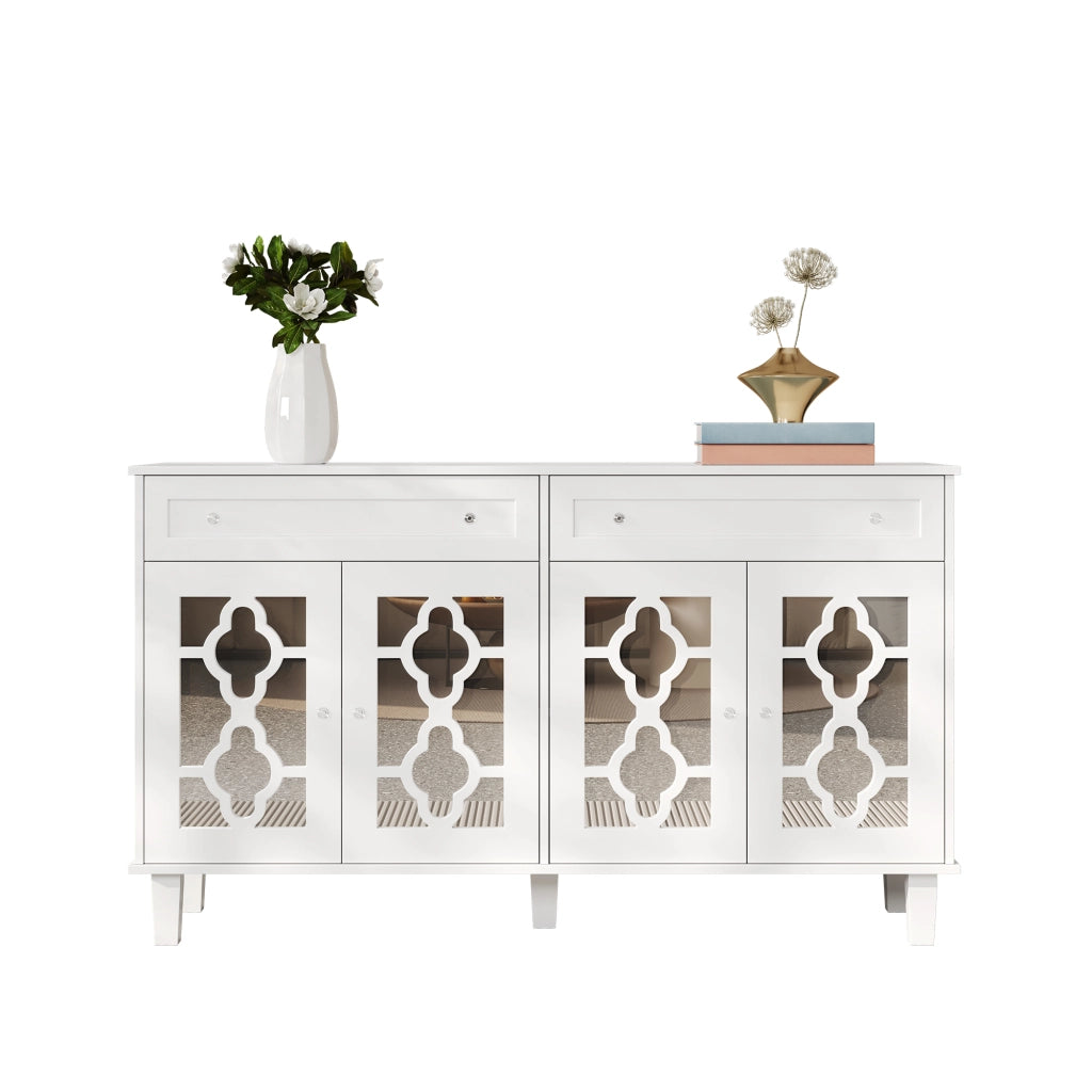 Credenza con 4 Ante a Specchio; 2 Cassetti e Ripiani Regolabili; Stile Moderno; in MDF; 140??40??83 cm; Bianco