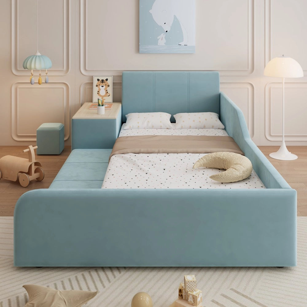 Letto imbottito singolo per bambini con scrivania e sgabello ¨C Minimal ¨C velluto blu 90x200cm