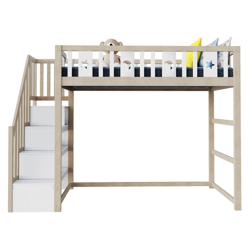 Letto a soppalco per bambini 90x200 cm in legno massello; con scala e ripiani; bianco/naturale