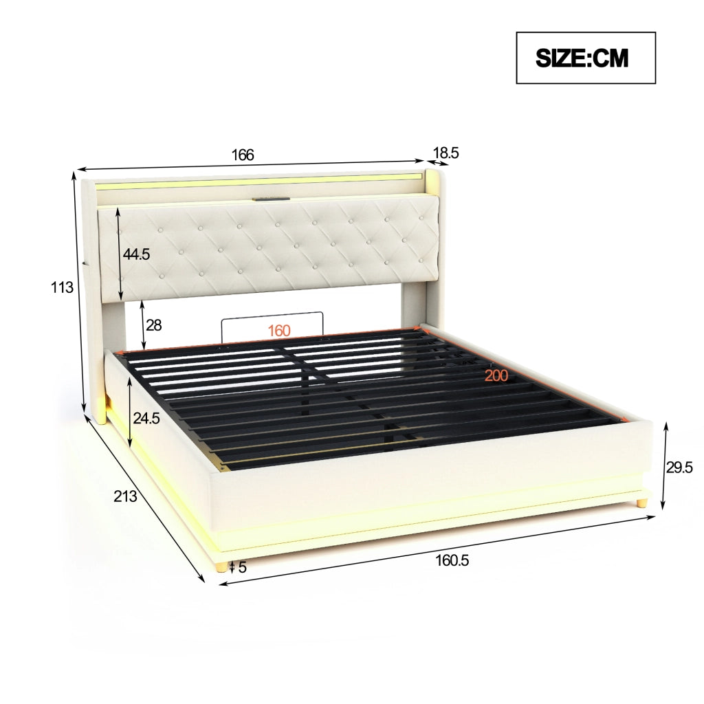 DESMIU Letto contenitore 160 × 200 cm 2 posti con LED, USB e vano idraulico, senza materasso, beige