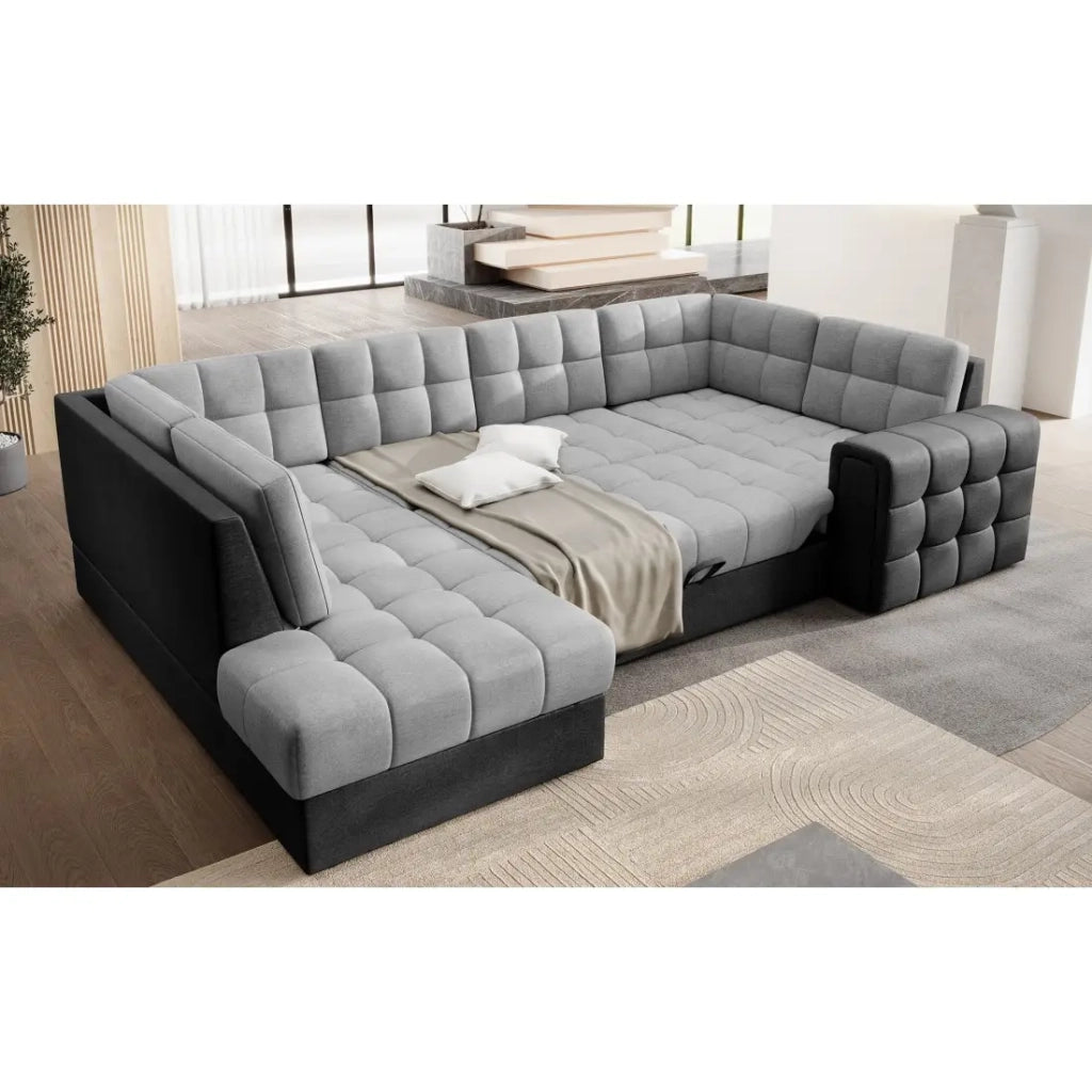 Divano angolare trasformabile MONTEZA grigio e nero sinistro 299 cm con contenitore e letto