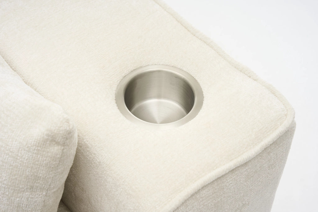 Divano a due posti moderno con portabicchieri e tasche laterali per soggiorno e ufficio in tessuto chenille beige