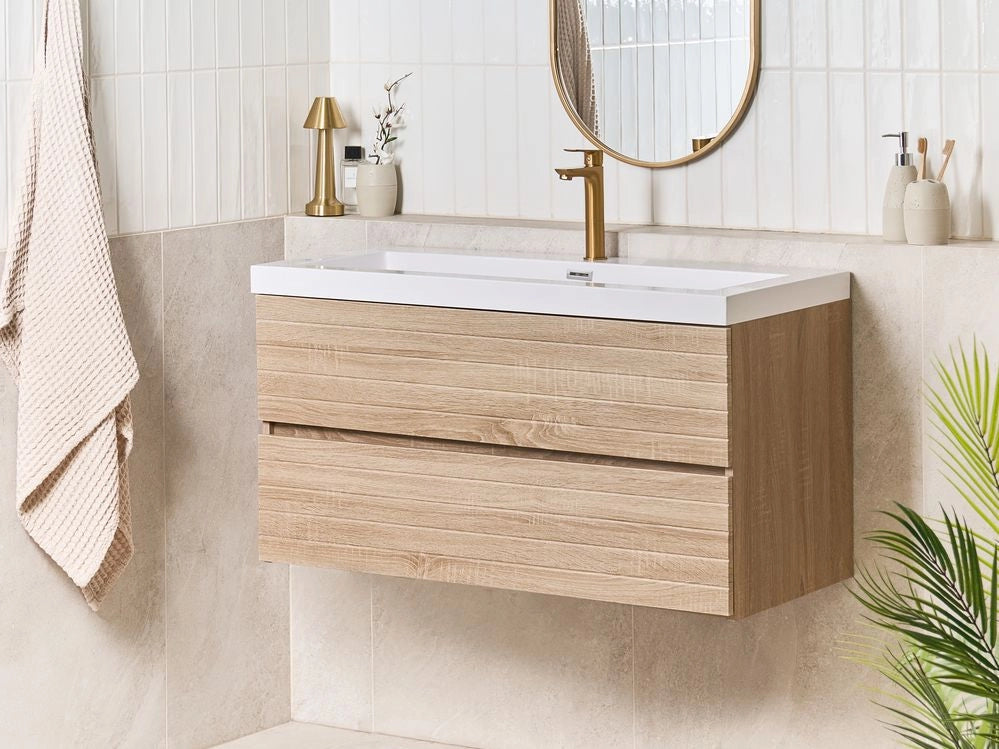 Pensile Vanity con doppio lavabo Unità mobile bagno Legno MDF 2 cassetti 100 x 46 cm Marrone chiaro