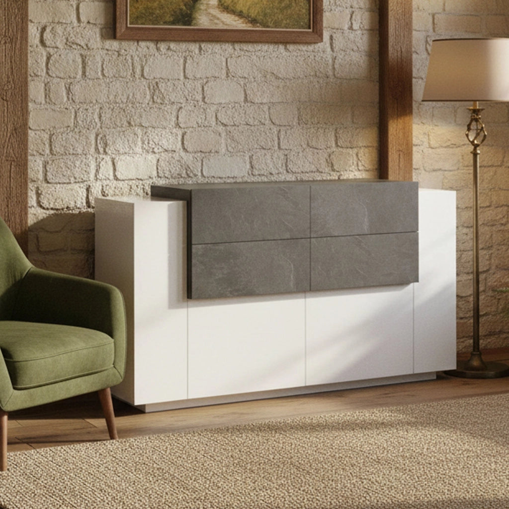 Madia Ashi, Credenza 2 Ripiani Made in Italy, 160x45x86h cm Bianco Lucido