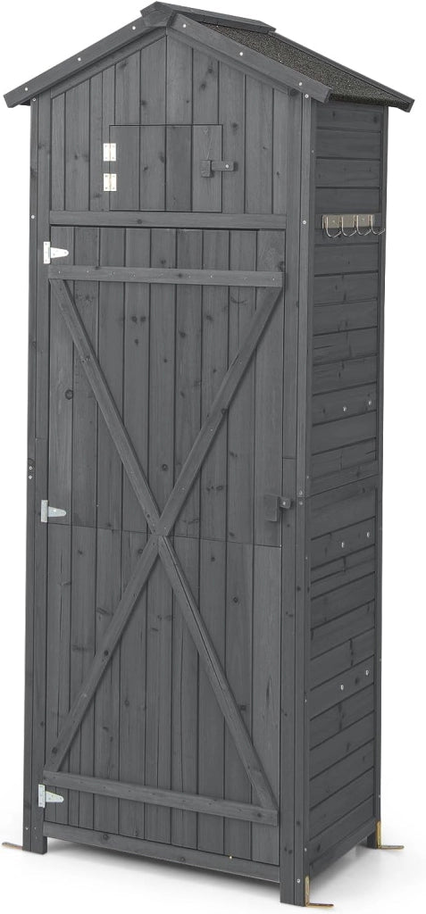 Armadio da Esterno in Legno, Capanno da Giardino con Serratura, Tavolo Pieghevole, Tetto Impermeabile, Ganci, Ripiani Rimovibili e 4 Staffe Metalliche, per Patio, Giardino e Cortile (Grigio)