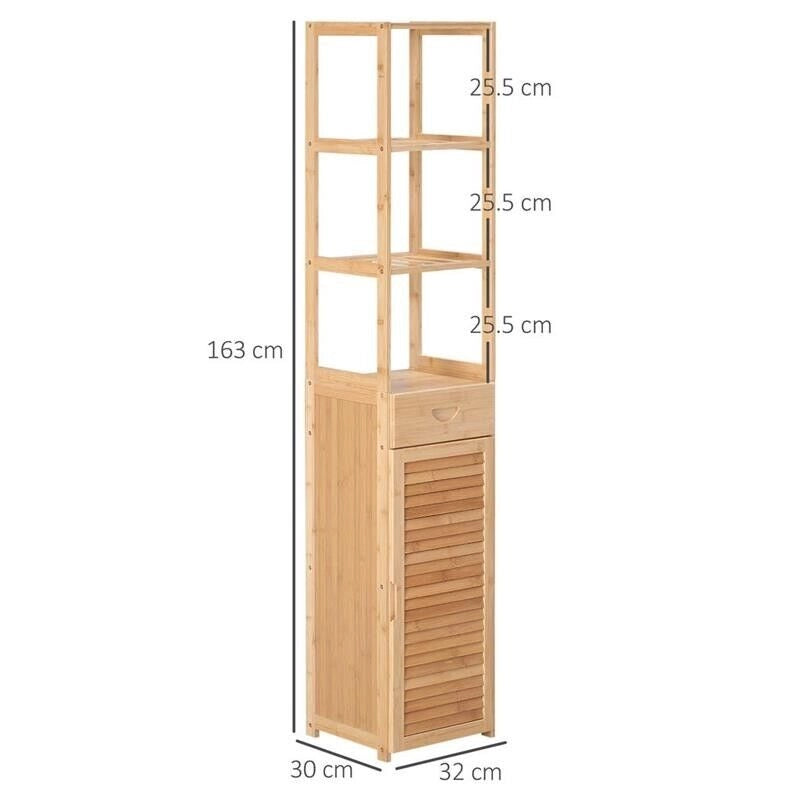 MOBILE BAGNO ALTO IN BAMBÙ CON 3 RIPIANI APERTI, UN CASSETTO E UN ARMADIETTO, 32X30X163 CM, COLOR LEGNO