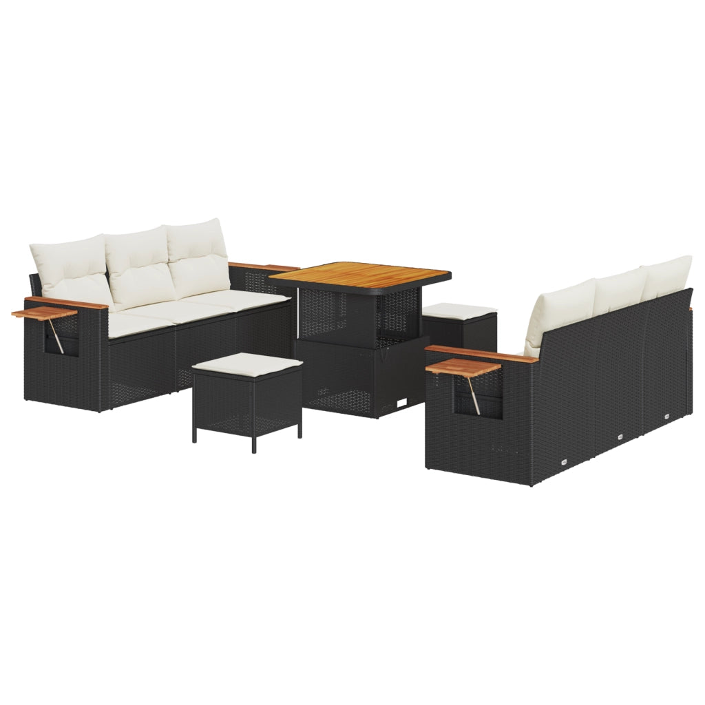 Set Divano da Giardino  9 Pezzi con Cuscini in Polirattan Nero Acacia