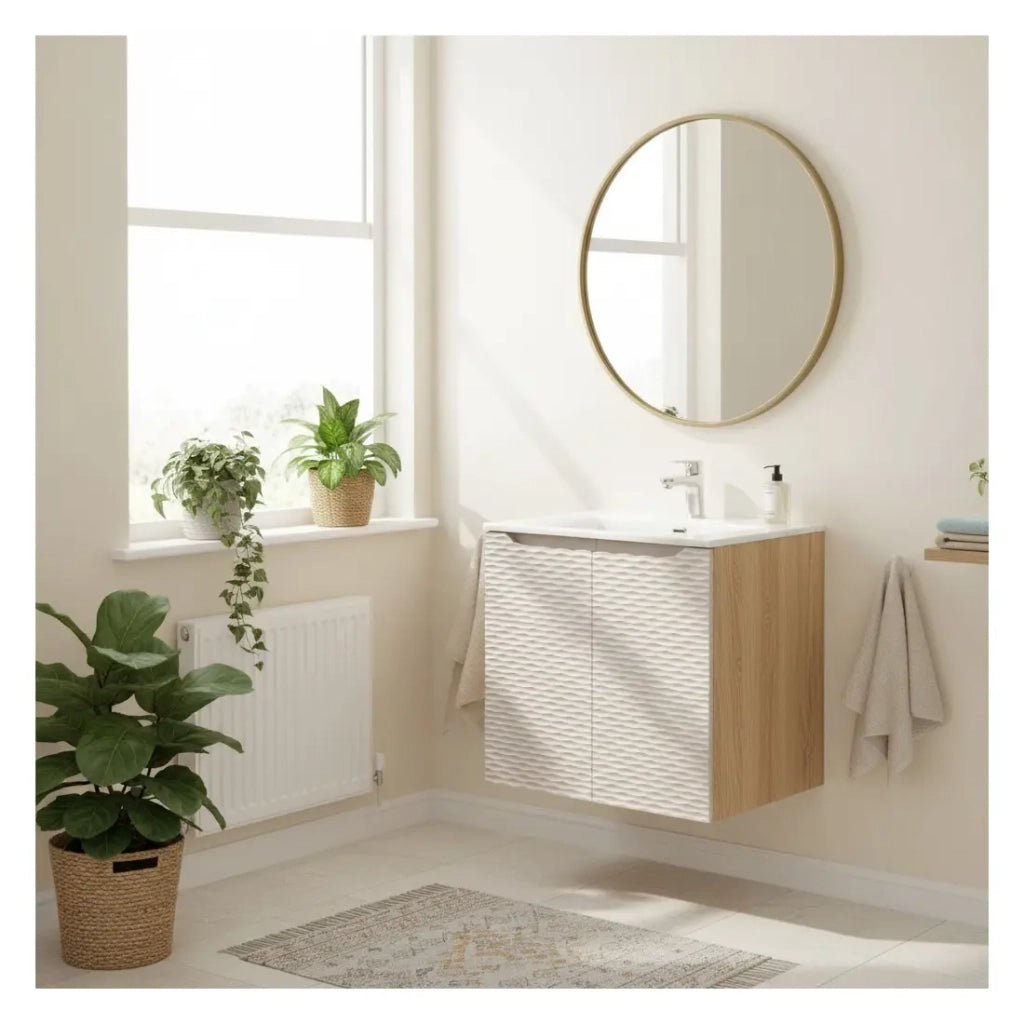 Set da bagno YOKA beige: mobile sottolavabo con armadietti 60 cm + lavabo da incasso