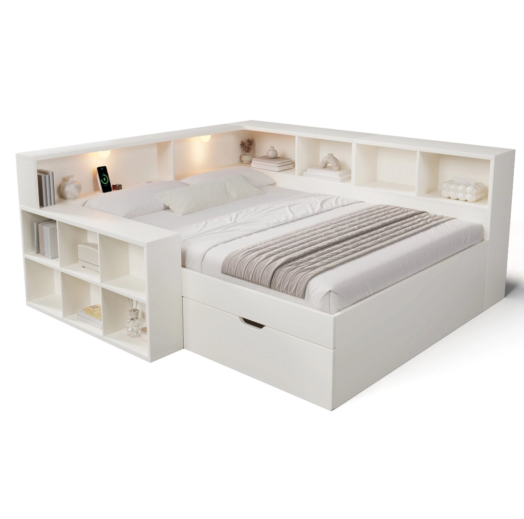 Letto 140x200 cm con vani contenitore, lampade e prese USB, in truciolare, MDF e compensato bianco