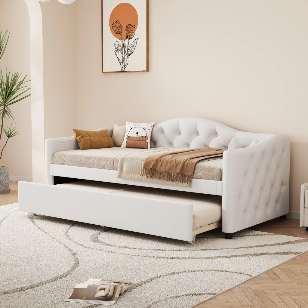 Divano letto allungabile di 90x200 cm colore beige rivestito in lino