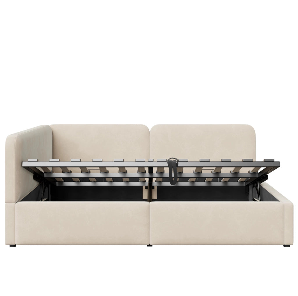 Divano letto imbottito 206x146x81 cm con contenitore idraulico; testiera reversibile in tessuto beige