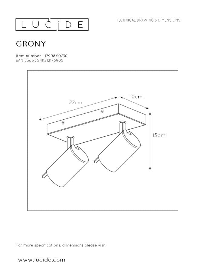 Lucide Grony plafoniera 2 spot GU10 nero/oro dimmer