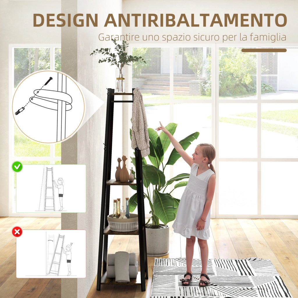 Appendiabiti da Terra 34x34x170 cm con 8 Ganci e 4 Ripiani in MDF Marrone