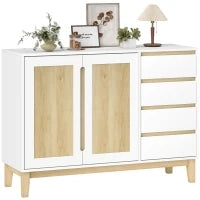 Credenza con 2 porte e 4 cassetti, con scaffale regolabile, 120 x 40 x 86 cm, Bianco e rovere