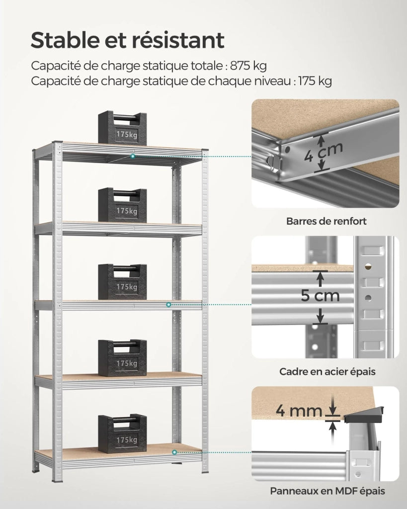 Scaffale portaoggetti a clip in acciaio per impieghi gravosi ripiano in MDF a 5 livelli 180 x 90 x 40 cm capacità 875 kg garage 12_0003745