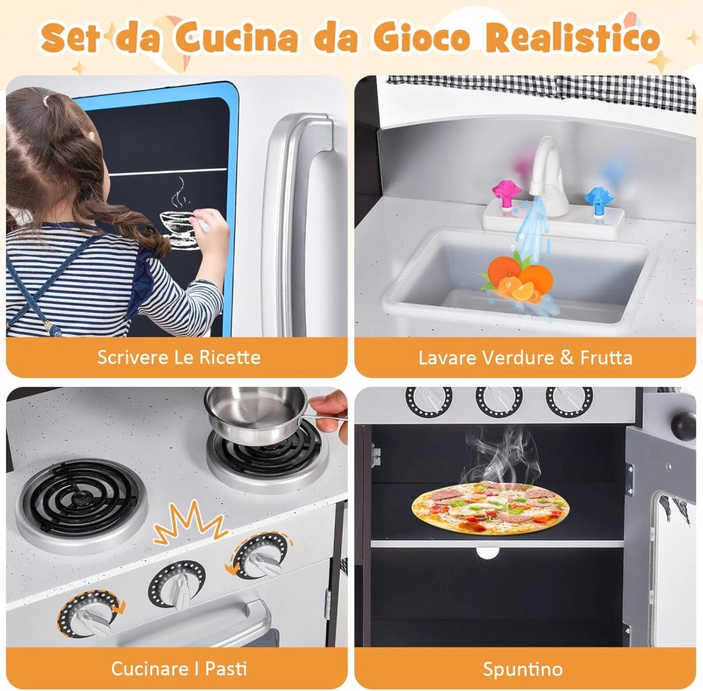 Cucina Giocattolo in Legno per Bambini con Frigorifero, Forno, Microonde, Rubinetto, Lavello e Tenda - per 3+ Anni