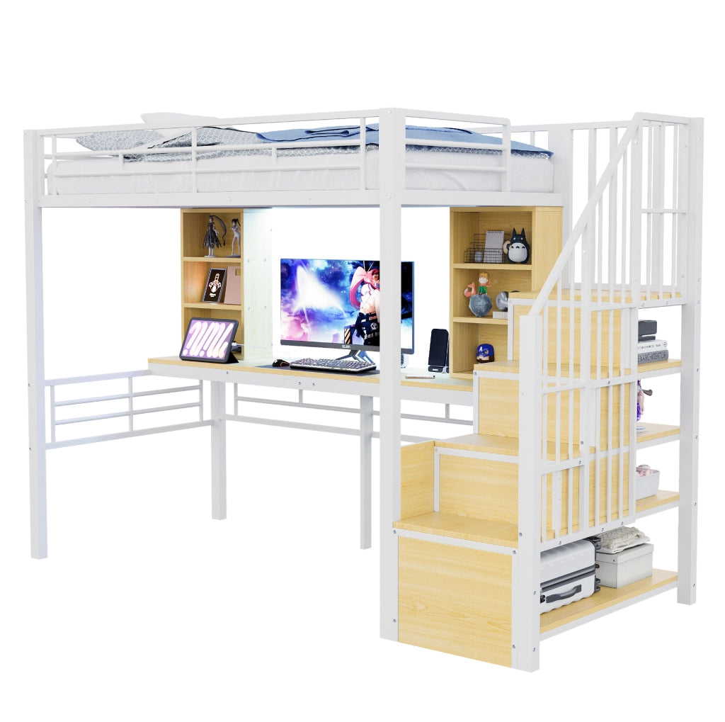 Letto a soppalco 90x200 cm bianco con scrivania, scala contenitore, LED e presa