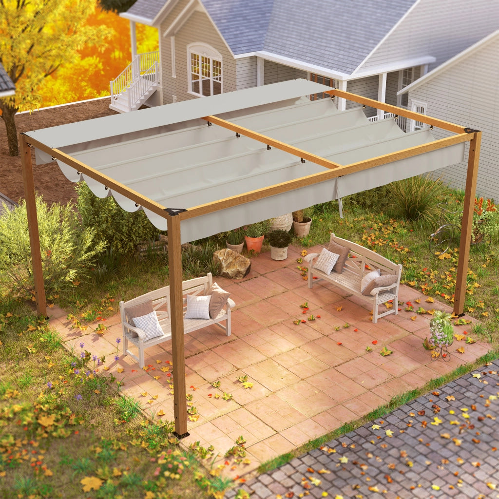Pergola da giardino con tetto retrattile ¨C Zephmum ¨C Alluminio effetto legno 4x3 m