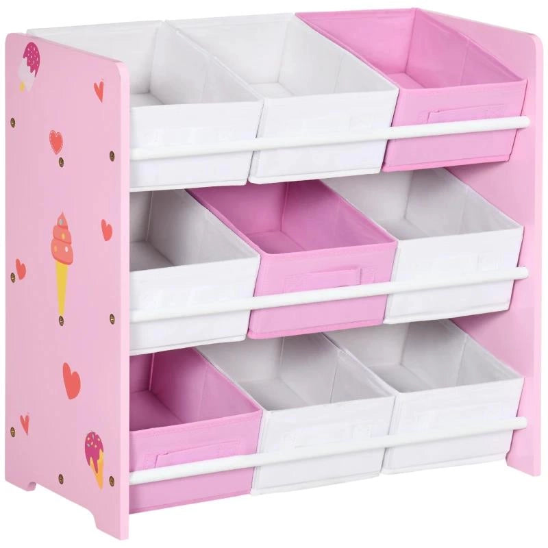 MOBILETTO PORTAGIOCHI CON 9 CESTINI RIMOVIBILI IN LEGNO E TESSUTO, 63X30X60 CM, ROSA E BIANCO