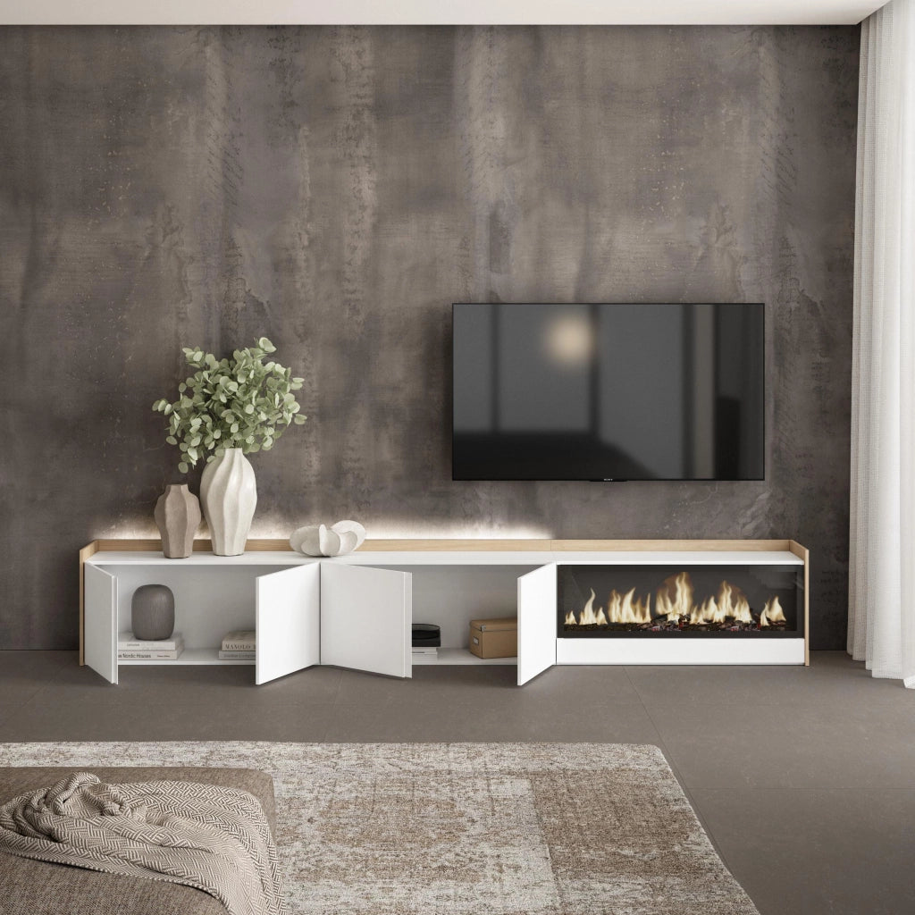 Mobile TV Soggiorno, 315x50x35 cm, Per TV fino a 80", Camino elettrico XXL, LED, Bianco e Rovere soft