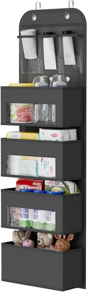Organizzatore di appendiabiti con 4 grandi contenitori e 3 contenitori in PVC - Grigio - Per bagno, camera da bambini, soggiorno - Organizzatore di appendiabiti con finestra e ganci metallici