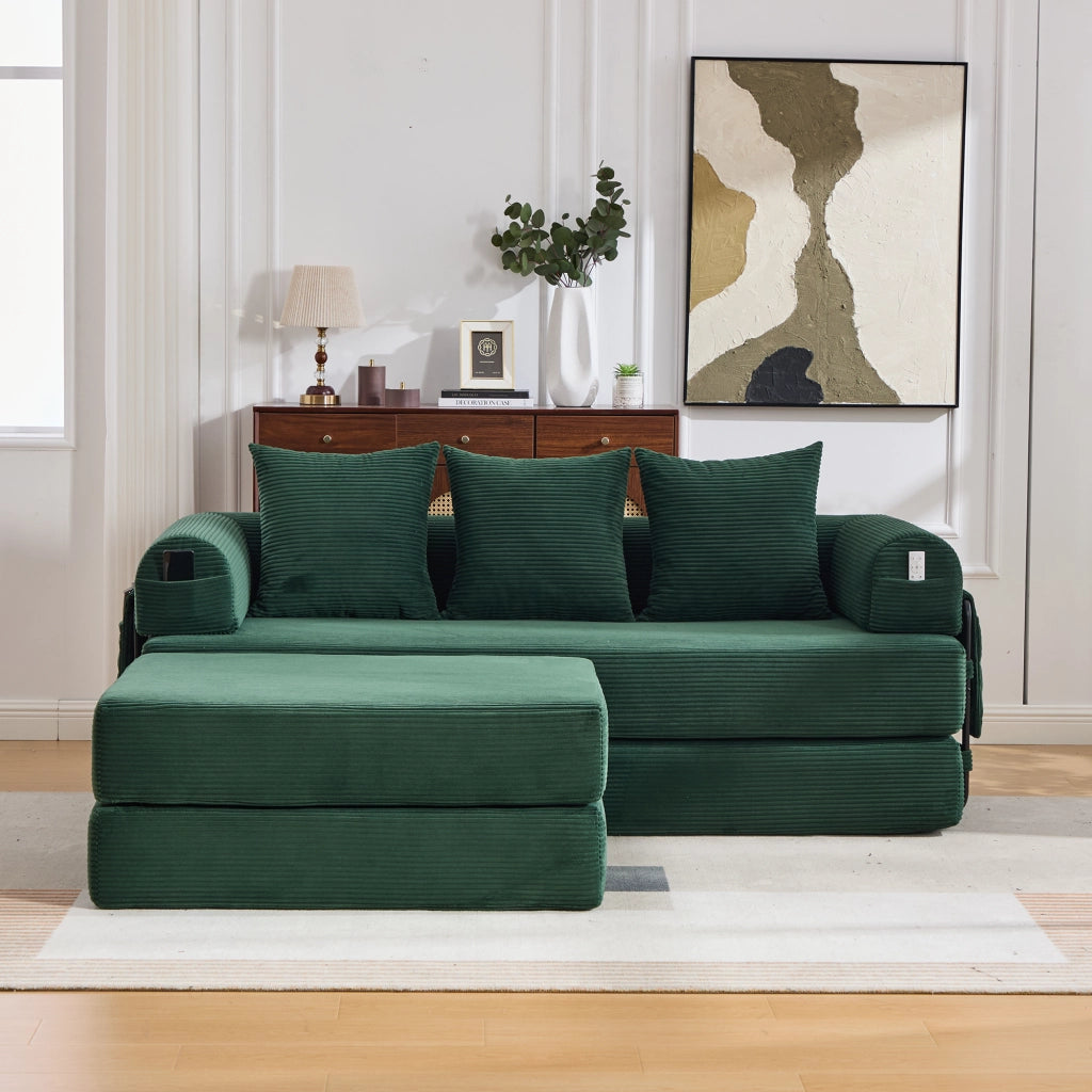 Divano modulare in corduroy con pouf, struttura in metallo, tasca laterale e 3 cuscini – Verde smeraldo