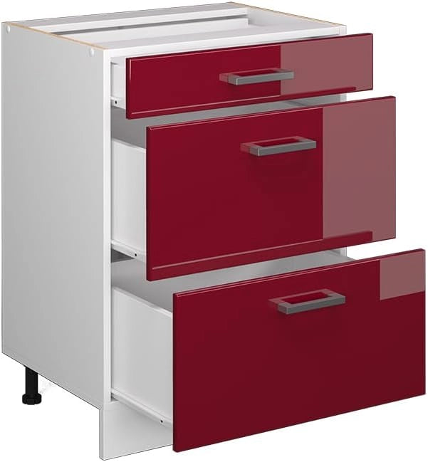Mobiletto base per cucina R-Line, Rosso lucido, 60 cm con cassetti, senza piano di lavoro, per la libera combinazione all'interno di sistemi cucina modulari