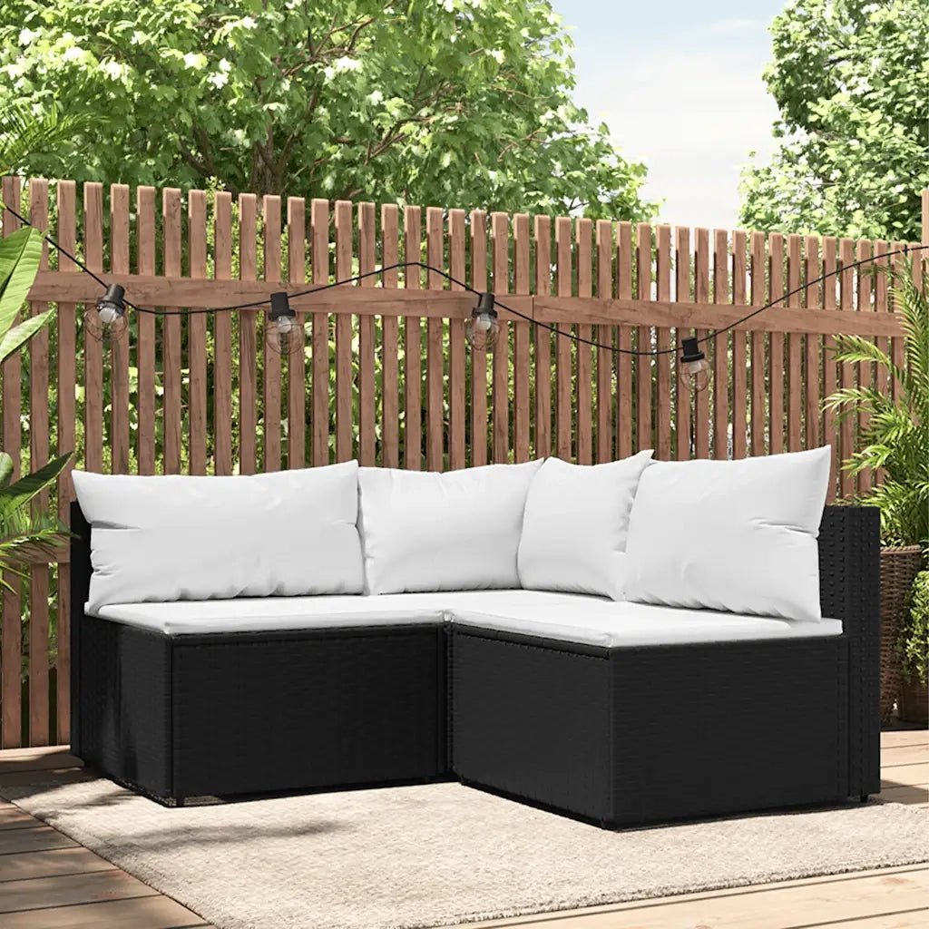 Set Divani da Giardino 3 pz | Set Salotto da Giardino con Cuscini Nero in Polyrattan