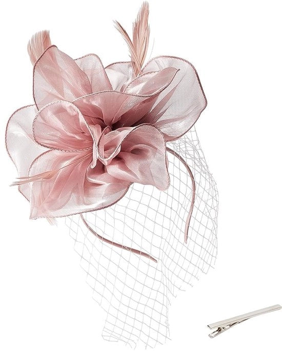 Fascia con Organza Fiore - Cintura per Capelli con Fiori - Velatura per Matrimonio - Accessori per Abito da Cerimonia - Dimensioni 215 x 205 x 13 mm - Rosa - Cappello