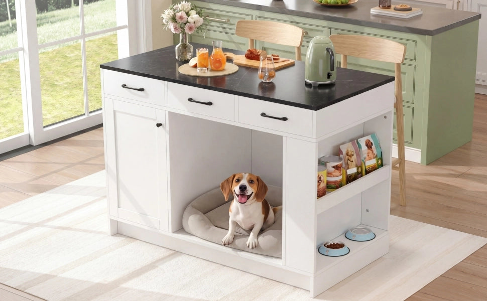 Isola da cucina con 3 cassetti, porta spezie, ripiano regolabile e area per animali domestici, 120 x 60 x 90 cm, bianco