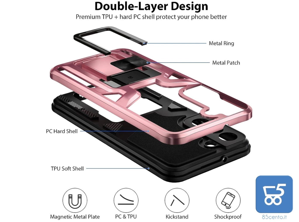 Cover Protettiva per Galaxy S22 Antiurto con Stand Placca Magnetica per Auto Protezione Fotocamera