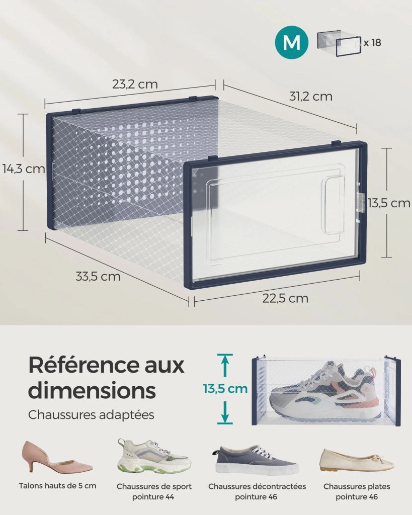 Scatole per scarpe set da 18 contenitore pieghevole per scarpe fino alla misura 44 trasparente e blu 12_0004446