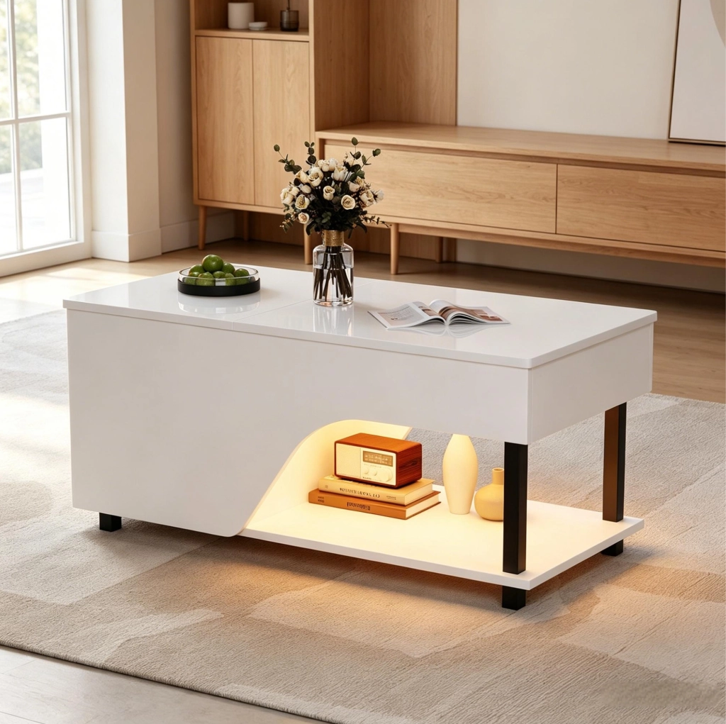 Tavolino da salotto 50x100x46 cm; altezza regolabile con vano nascosto; truciolato; bianco