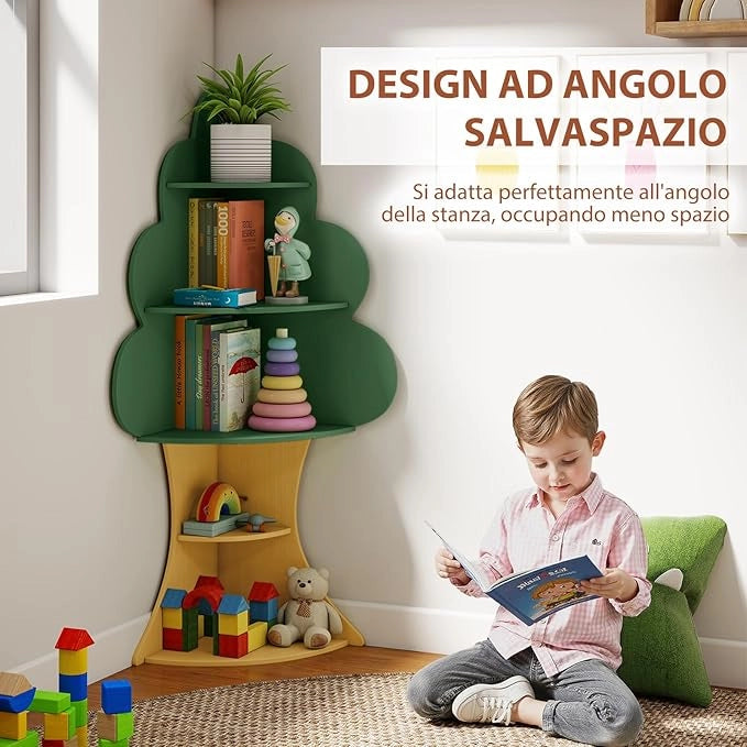 Libreria ad Albero per Bambini, Espositore per Libri a 5 Livelli con Anti-Ribaltamento, Libreria Angolare Salvaspazio per Camera da Letto Sala Giochi Asilo e Aula