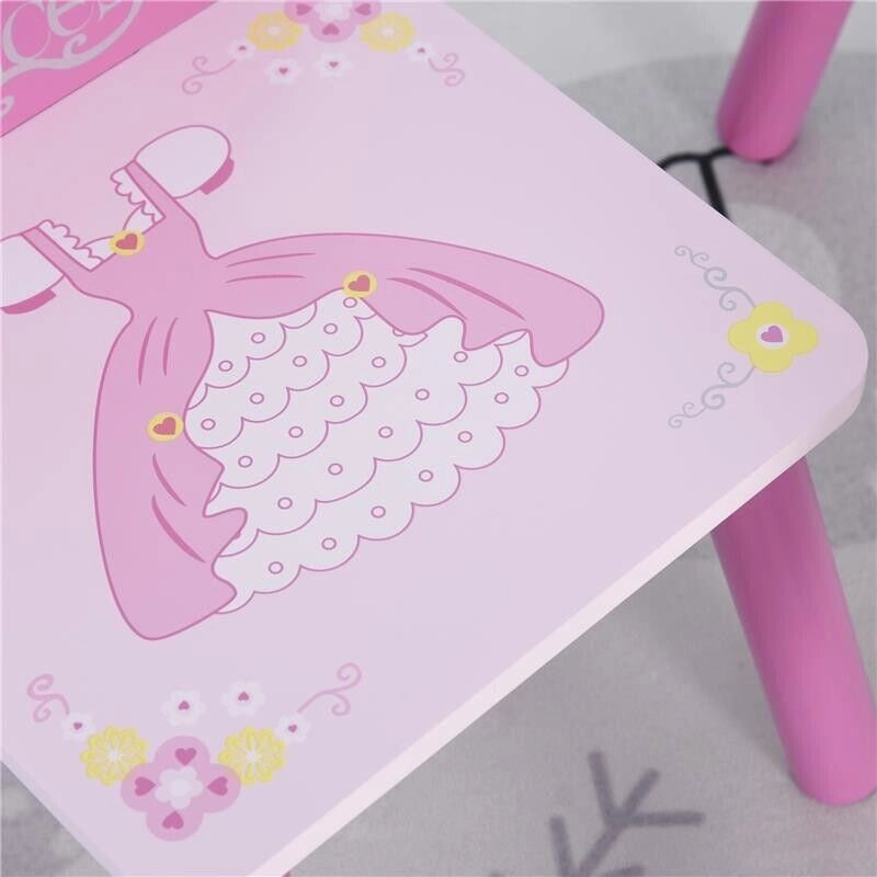 SET TAVOLO E 2 SEDIE TEMA PRINCIPESSE PER CAMERETTA BAMBINI IN LEGNO ROSA