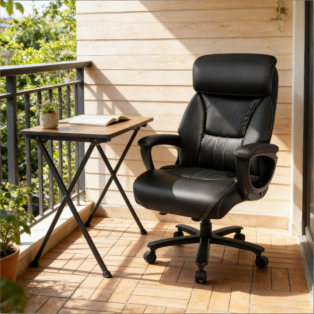 Sedia da ufficio ergonomica con poggiatesta regolabile, supporto lombare, braccioli imbottiti e schienale alto in metallo nero