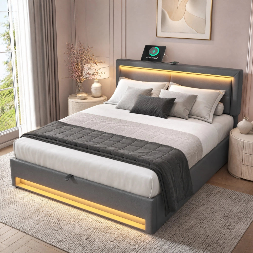 Letto imbottito 140x200 cm con USB; LED e contenitore; PU; grigio