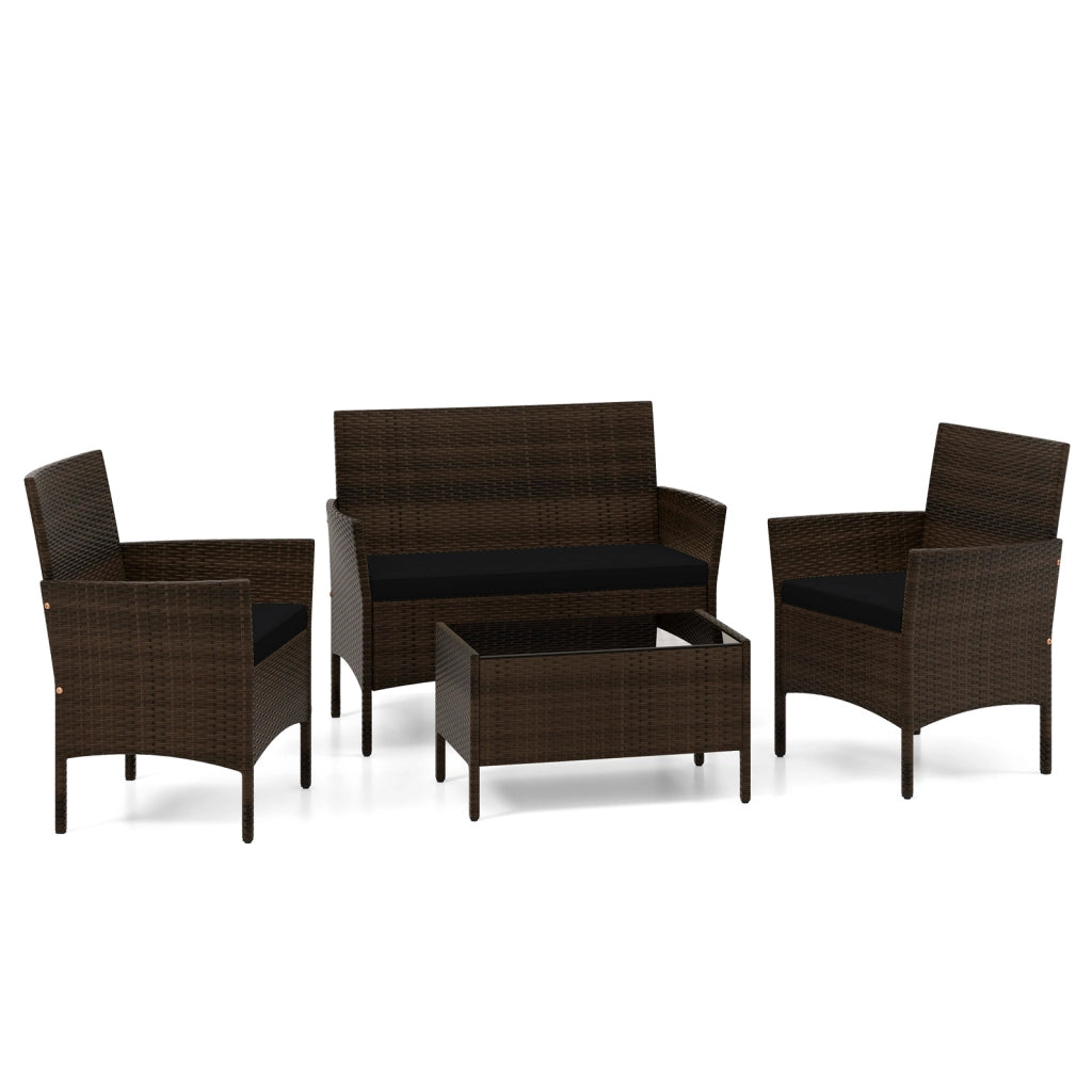 Set da conversazione in rattan per patio 4 pezzi con cuscini morbidi, Mobili da esterno modulari per giardino e veranda Nero