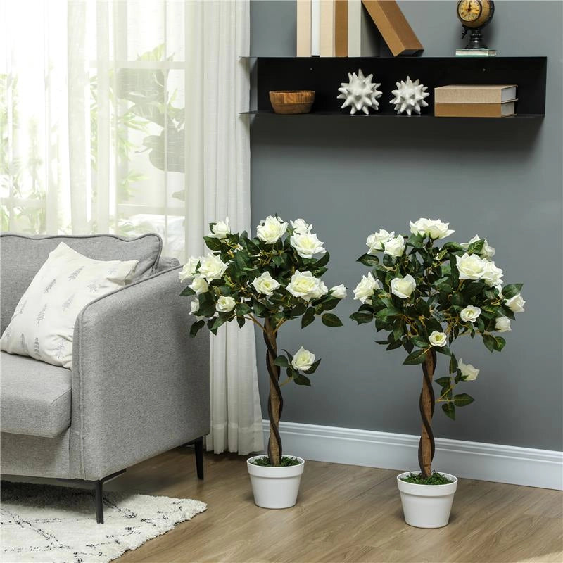 PIANTA FINTA DI ROSA DA 21 FIORI CON VASO RIEMPITO IN CEMENTO E MUSCHIO, Ï18X90 CM, BIANCO