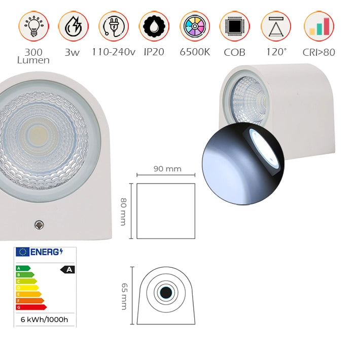 APPLIQUE LED 3W PER INTERNI CON MONO-EMISSIONE LUMINOSA 6500K° - DESIGN SEMICILINDRICO IN ALLUMINIO BIANCO AD ALTA EFFICIENZA ENERGETICA