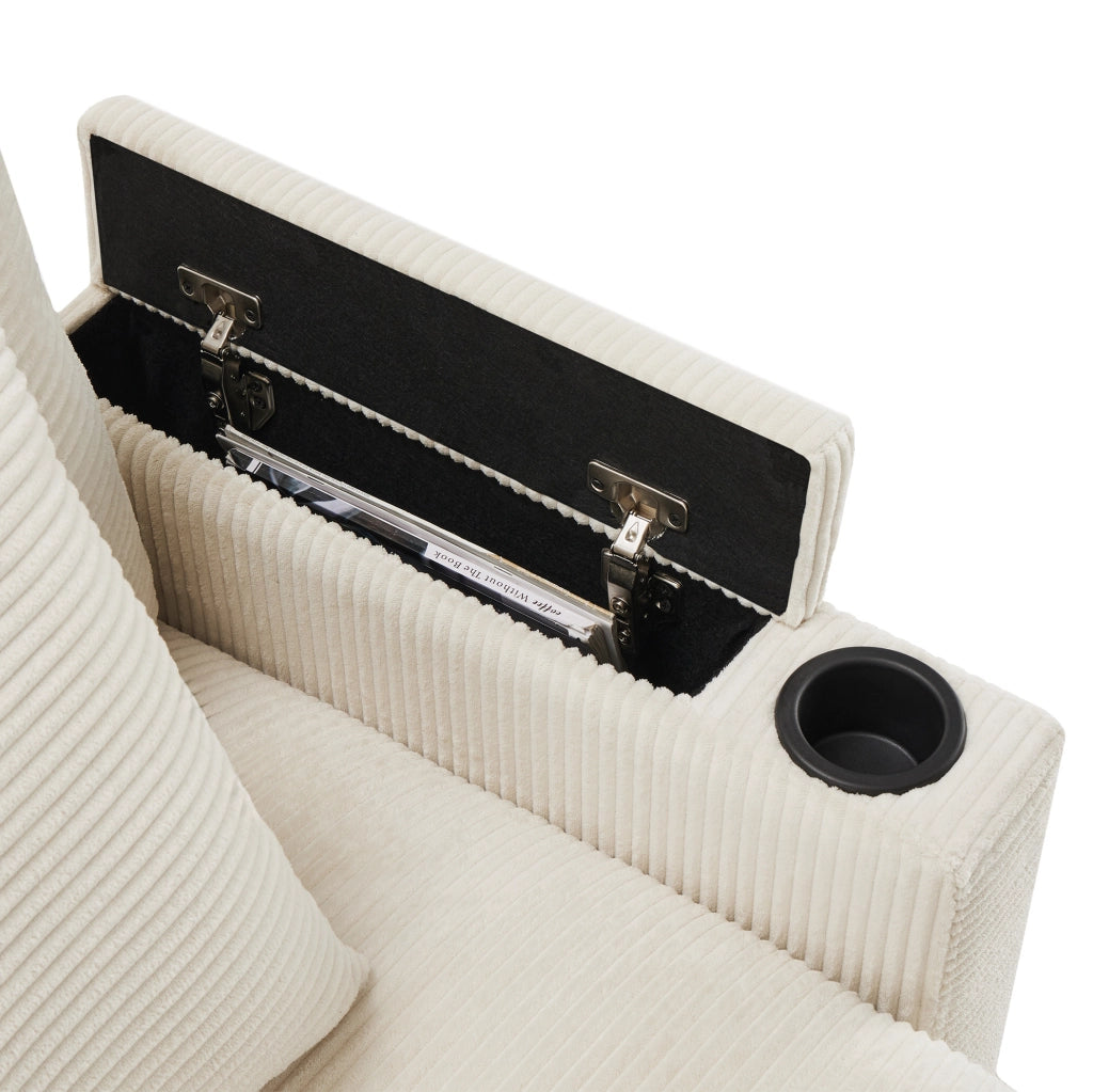 Divano angolare 3-4 posti con pouf mobile; USB e ripiani; 213;5x139x87 cm; velluto a coste beige