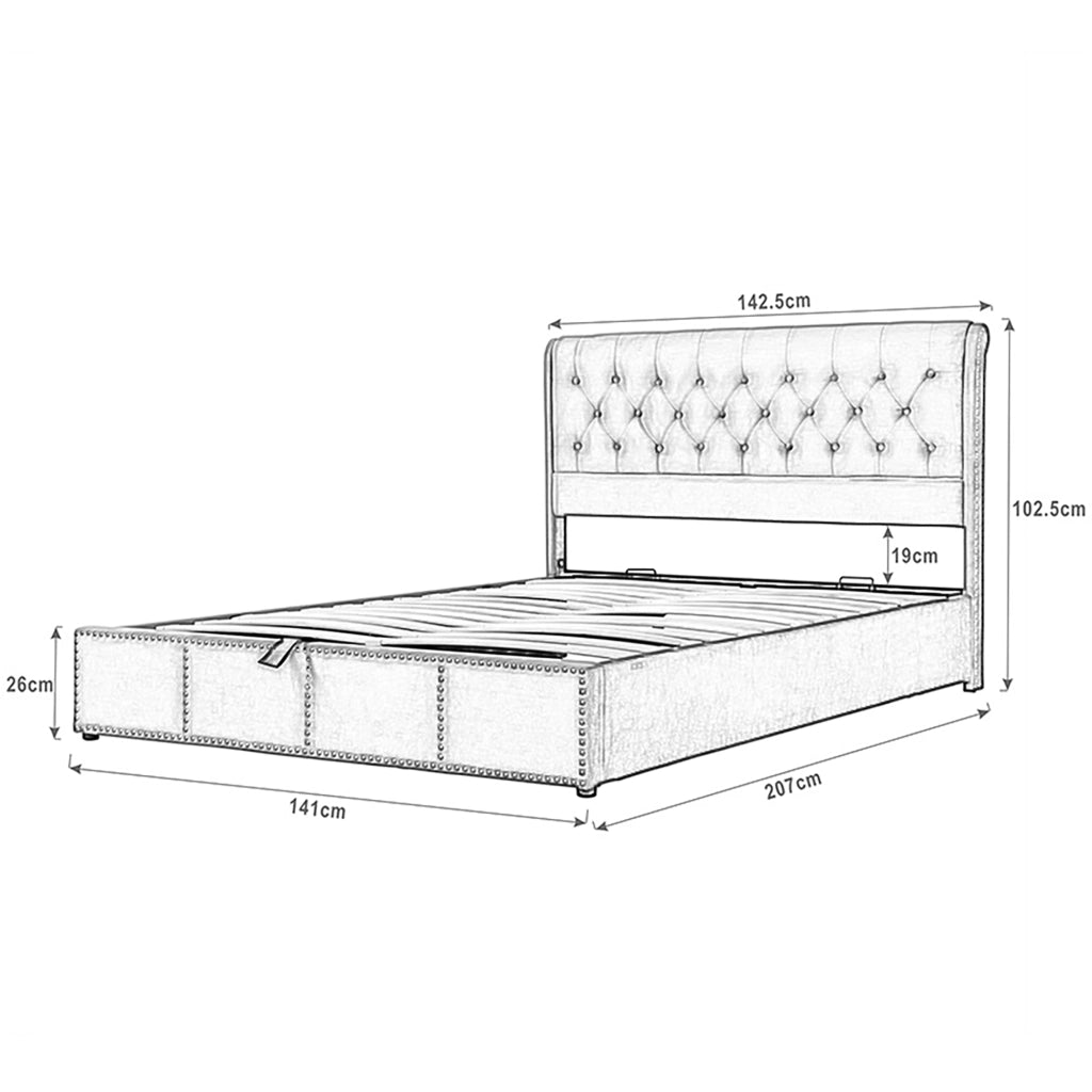 Letti contenitori 140x200 cm; testiera morbida con rivetti; lino; grigio (Senza materasso)