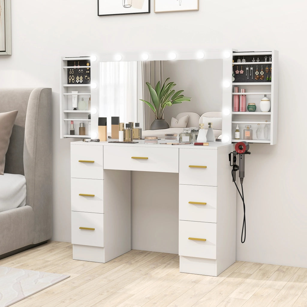 Tavolo da trucco con specchio e 12 luci LED, cassettiera con 7 cassetti e 6 scomparti nascosti ¨C zephmum ¨C Bianco