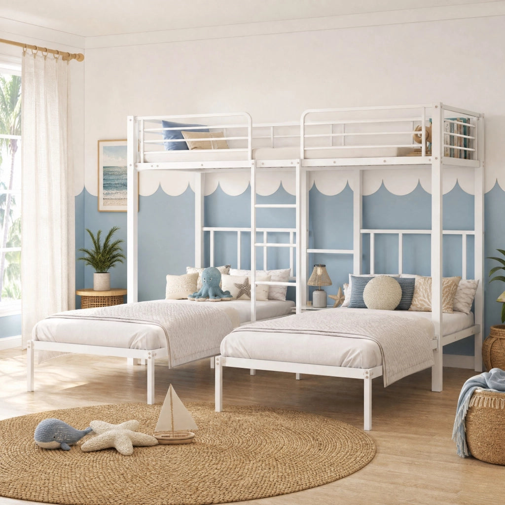 LETTO a castello triplo 90x200 cm in metallo bianco con scala e tavolino