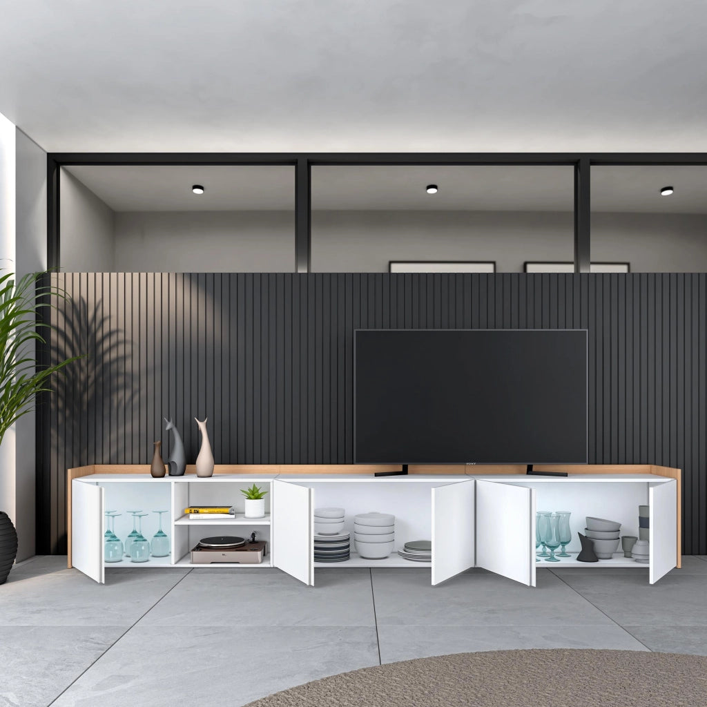 Mobile TV Soggiorno, 309x50x35 cm, Per TV fino a 80", Mobile Soggiorno, Bianco e Rovere soft