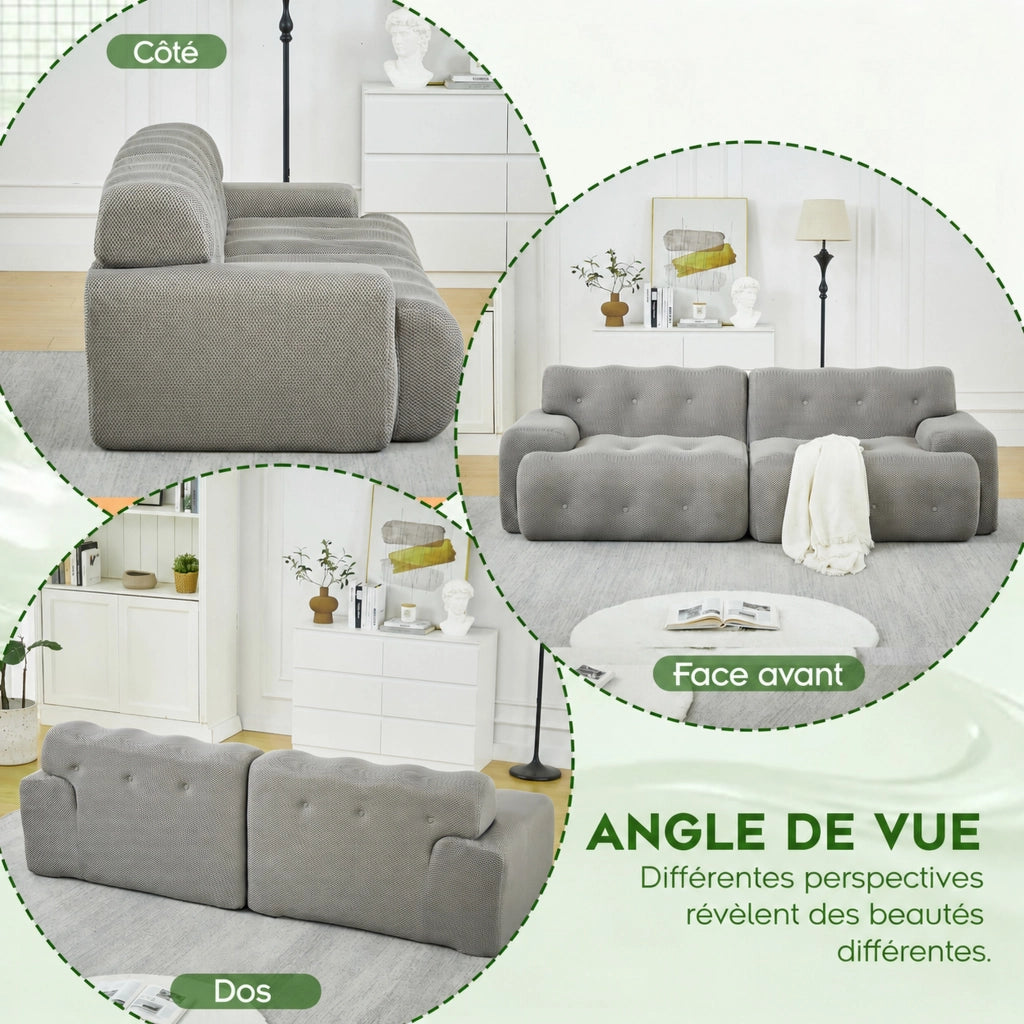 Divano a 2 posti con braccioli ampi, cuciture trapuntate, design moderno in tessuto grigio 224 × 104 × 66 cm
