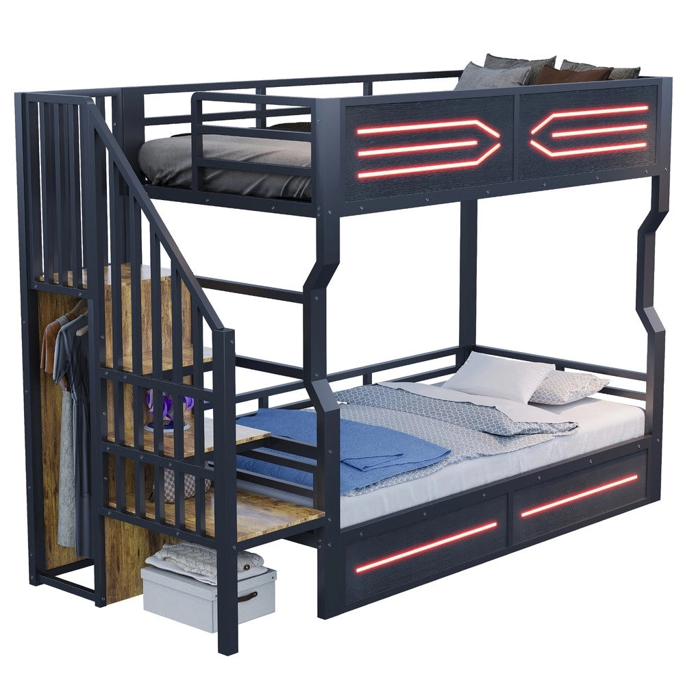 Letto a castello con LED - Zephmum- 90¡Á200 cm-Nero- con ripostiglio e scala