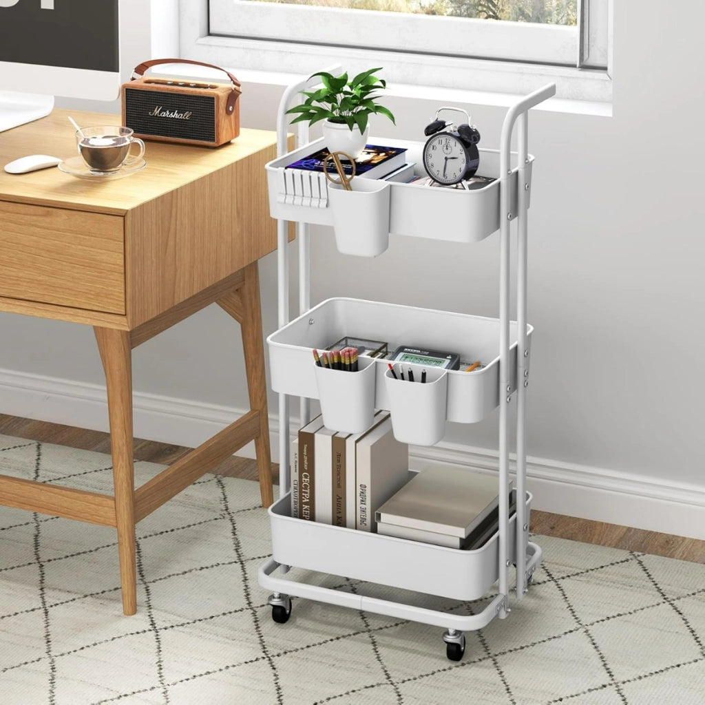 Carrello pieghevole a tre ripiani con ganci e ruote bloccabili-Carrello utilitario mobile per cucina e ufficio